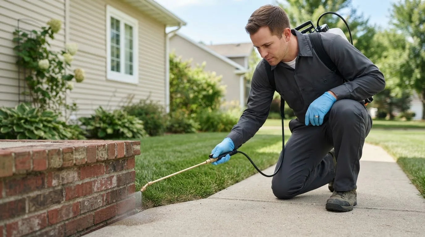Pest control technician treating a home near Two Rivers, WI